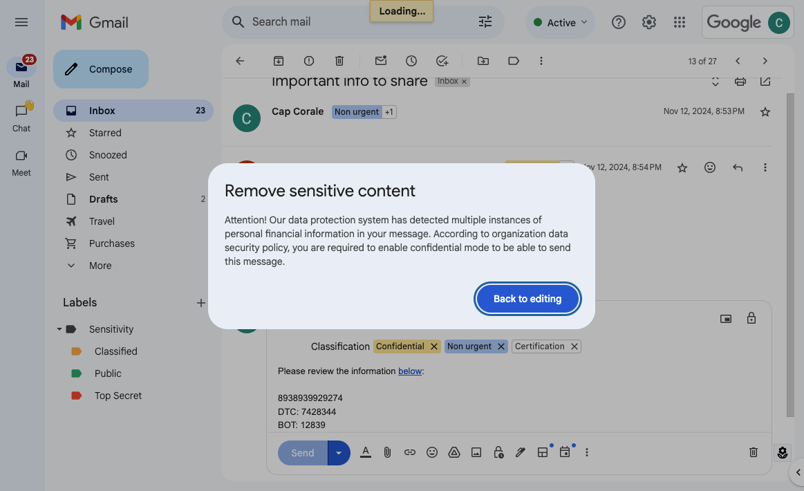 TechDogs-"An Image Of Google's Data Loss Prevention (DLP) Feature In Action"