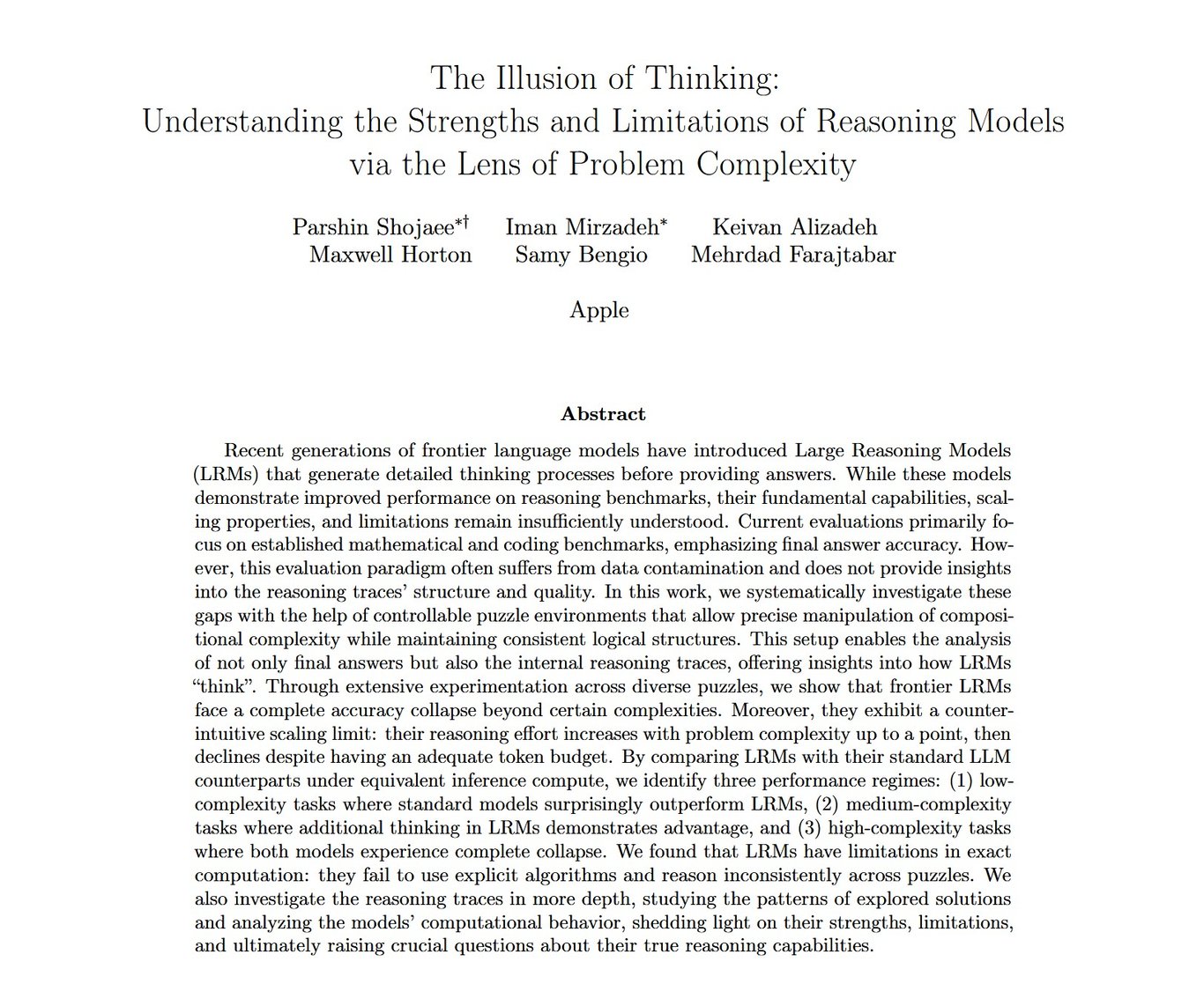 TechDogs-"Did Apple Burst The AI Bubble?"-"An Image Showing The Abstract Of Apple’s The Illusion Of Thinking Research Paper"