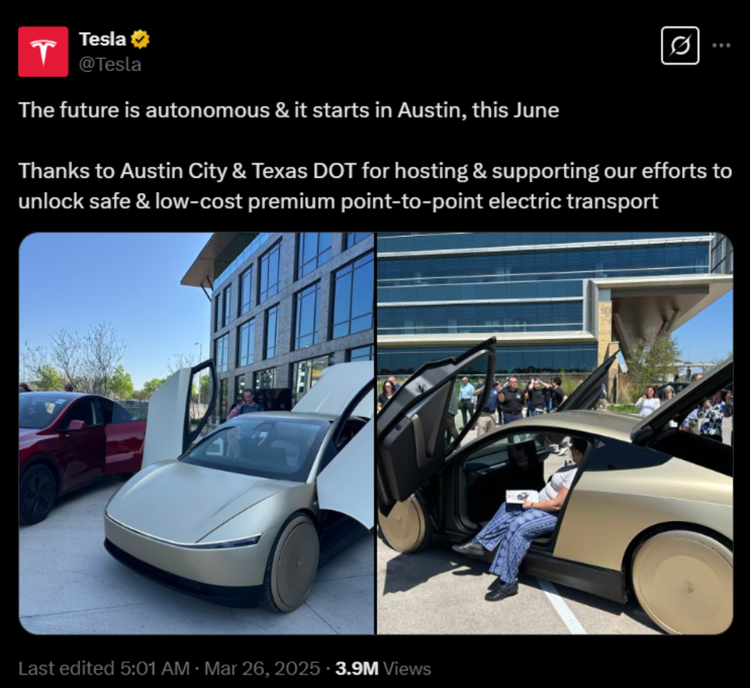 TechDogs-"A Screenshot Of Tesla's Post On X Announcing Its June Launch In Austin, Texas"