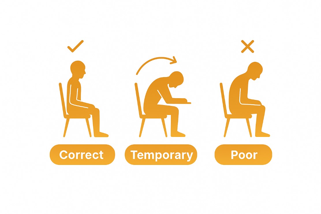 TechDogs-"AI-Driven Posture Correction"-"Image Of Silhouettes Of Three Seated Figures Illustrating Correct, Temporary, And Poor Sitting Posture With Corresponding Labels"