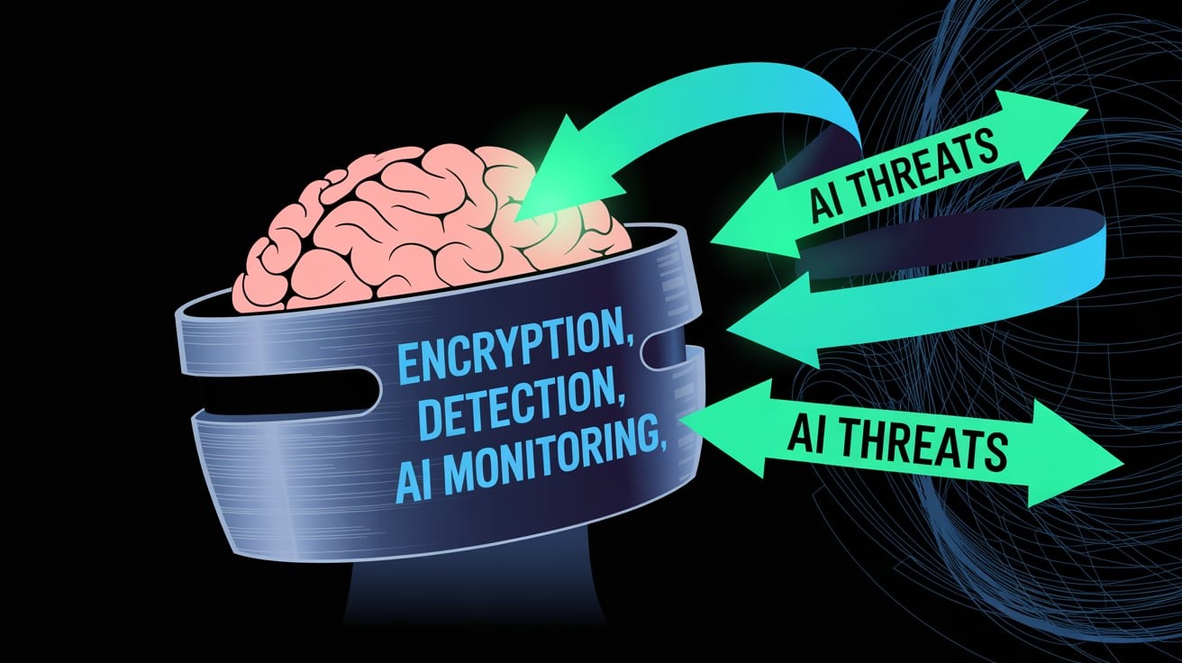 TechDogs-"An Image Showing An Illustrated Brain Wearing A High-Tech Helmet, With Words Like “Encryption,” “Detection,” And “AI Monitoring” Glowing On It. Arrows Labeled “AI Threats” Are Hitting The Helmet But Bouncing Off"