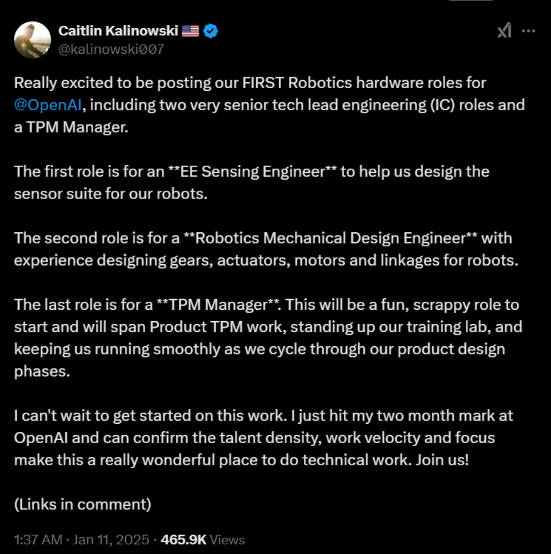 TechDogs-"A Screenshot Of Caitlin Kalinowski's Post On X"