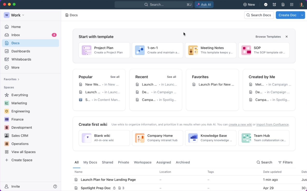TechDogs-"Tool 1: ClickUp"-"An Image Showing ClickUp’s Dashboard"