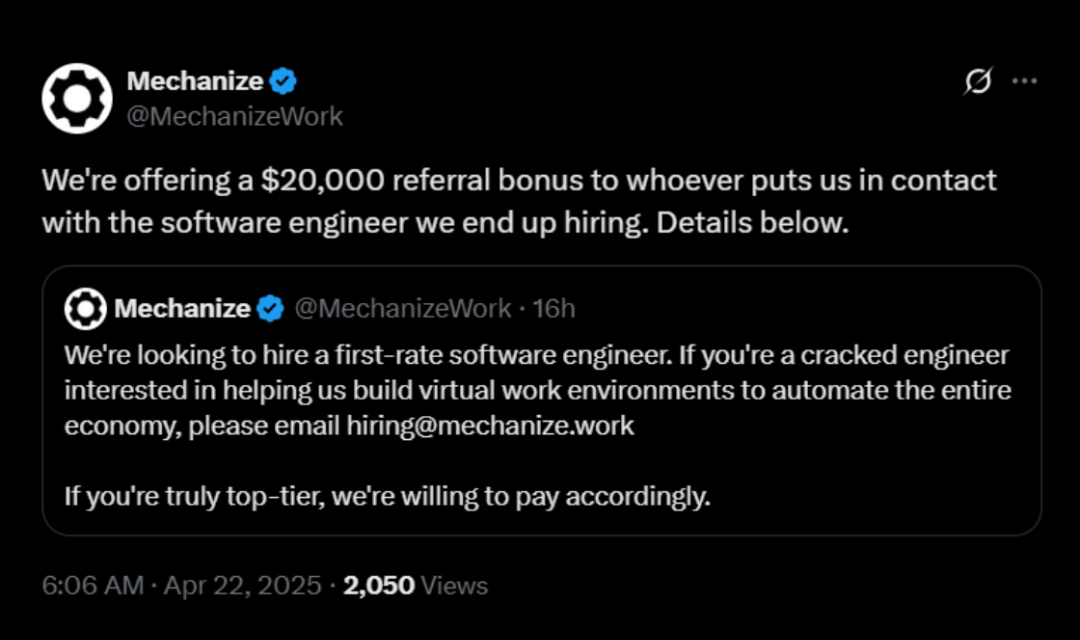 TechDogs-"An Image Of The Post Mentioning Mechanize's Hiring Requirements And Referral Bonus Offer"