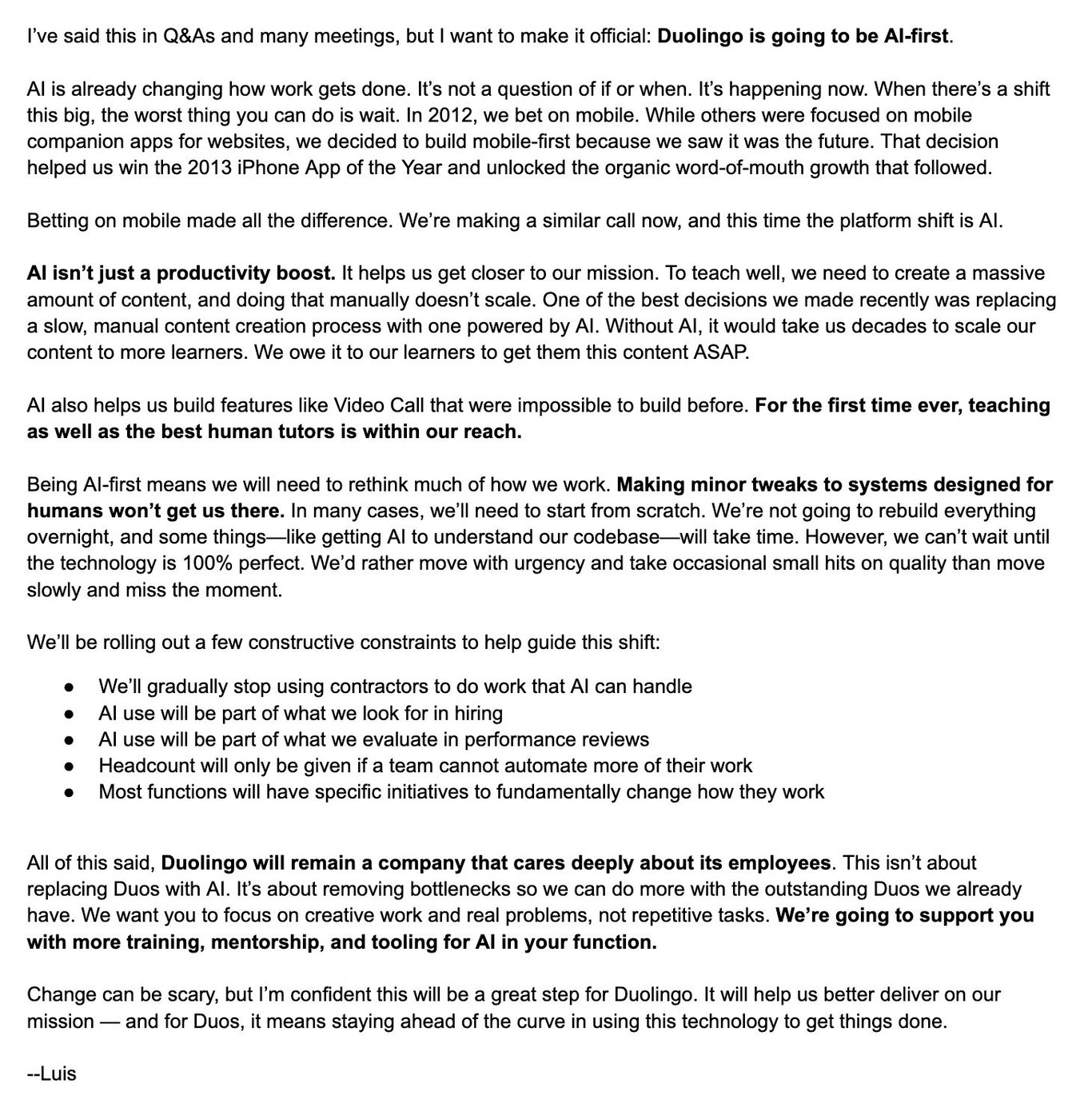 TechDogs-"A Screenshot Of The Email Sent By Duolingo's CEO Luis von Ahn"