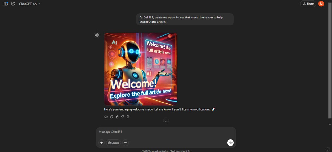 TechDogs-"Tool 4: DALL-E 3"-"A Screenshot Of The DALL-E 3 Image Generation In Action From The  ChatGPT Dashboard"