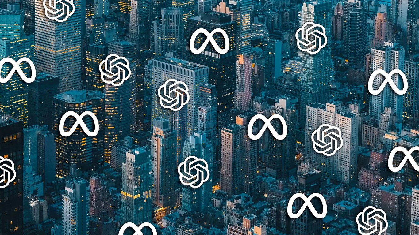 TechDogs-"An Image Showing A City Skyline With Meta And OpenAI Logos On Top"
