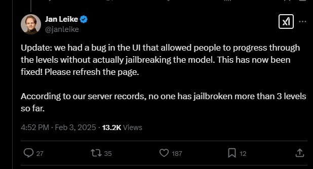 TechDogs-"A X Screenshot Of Jan Leike Talking About The Public Jailbreak Test And Its Results"