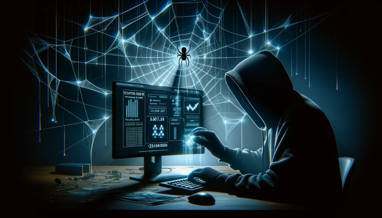 TechDogs-"An Image Showing A Hacker, Portryaing Scattered Spider In A Digital Web"