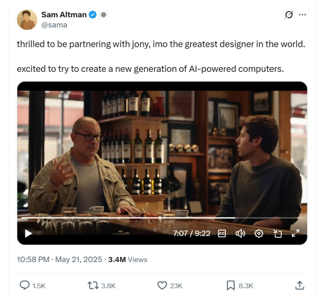 TechDogs-"An Image Showing Sam Altman’s Post On X About Partnering With Jony Ive"