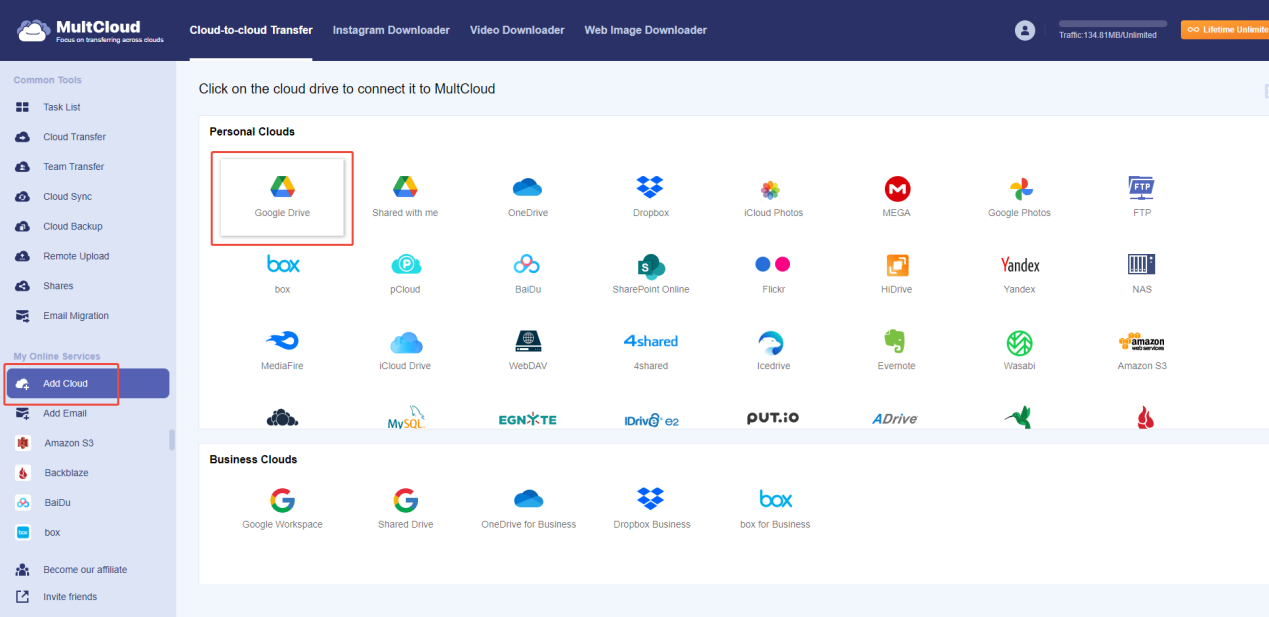 Techdogs-"MultiCloud interface showing cloud account selection including Google Drive and others"