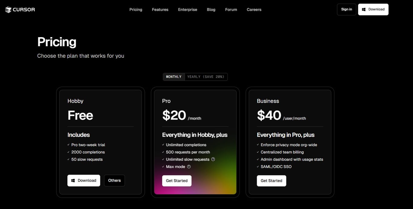 TechDogs-"Getting Started With Cursor AI"-"Pricing Plans For Cursor: Hobby, Pro, And Business Options."