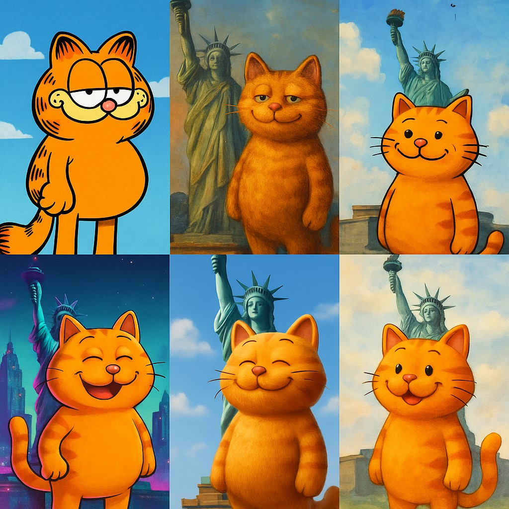 TechDogs-"Test 4: Animated Catcalling"-"A Collage Of Not-Garfield In Front Of The Statue Of Liberty In Different Art Styles, Including Animated (Cartoon), Oil Painting, Pixel Art, A 3D Render, Cyberpunk 2077, And Watercolor Painting, Generated By ChatGPT"