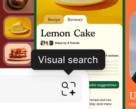 TechDogs-"Visual And Semantic Asset Search"-"Recipe Cards Behind A Search Icon And Helper Text Which Reads "Visual search""