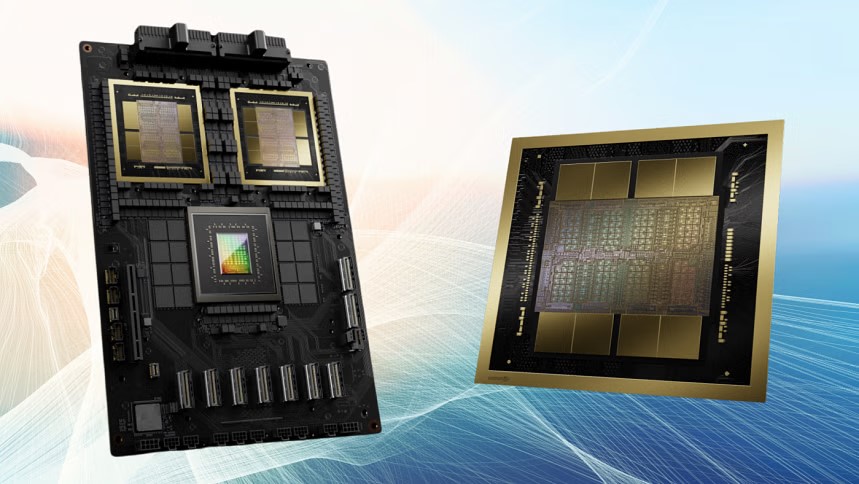 TechDogs-"Platform And Performance"-"Nvidia GB200 System Board Featuring Dual GPUs And Close-up Of Next-gen Reticle-Sized GPU Layout"