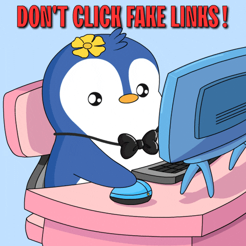 TechDogs-"That’s A Wrap!"-"Animated penguin using a computer with a warning text above: “Don't Click Fake Links!“"