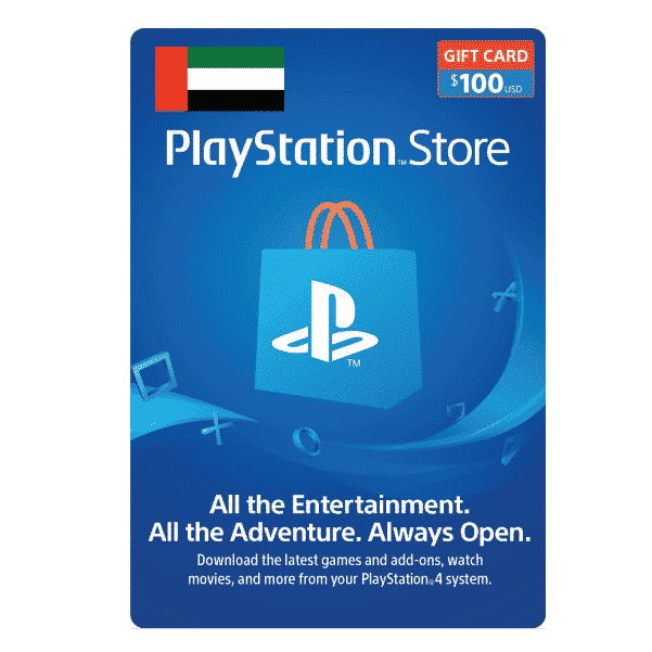 A PlayStation Store 100 USD gift card digital code displayed against a blue background with a $100 value, showcasing icons such as a game controller and headphones. The text emphasizes entertainment options available through the PlayStation Store. | TECHHAUZ.COM