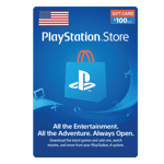 A $100 PlayStation Store 100 USD Gift Card Digital Code- USA against a blue background, featuring icons like a movie reel and music notes, with the text "All the Entertainment. Always Open. | TECHHAUZ.COM