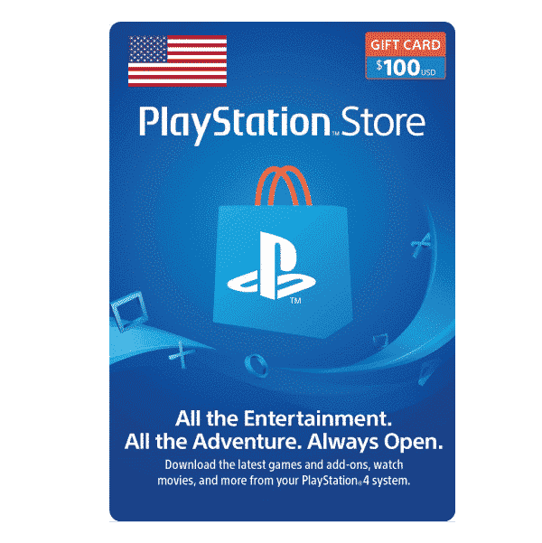 A $100 PlayStation Store 100 USD Gift Card Digital Code- USA against a blue background, featuring icons like a movie reel and music notes, with the text "All the Entertainment. Always Open. | TECHHAUZ.COM