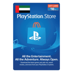A PlayStation Store 10 USD gift card digital code displayed against a blue background with a $10 value, showcasing icons such as a game controller and headphones. The text emphasizes entertainment options available through the PlayStation Store. | TECHHAUZ.COM