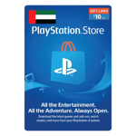 A PlayStation Store 10 USD gift card digital code displayed against a blue background with a $10 value, showcasing icons such as a game controller and headphones. The text emphasizes entertainment options available through the PlayStation Store. | TECHHAUZ.COM