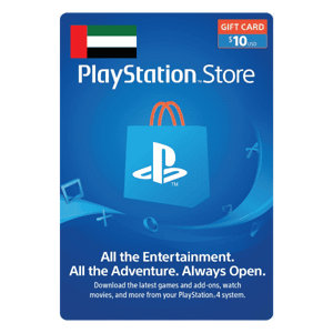 A PlayStation Store 10 USD gift card digital code displayed against a blue background with a $10 value, showcasing icons such as a game controller and headphones. The text emphasizes entertainment options available through the PlayStation Store. | TECHHAUZ.COM