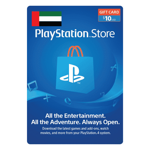 A PlayStation Store 10 USD gift card digital code displayed against a blue background with a $10 value, showcasing icons such as a game controller and headphones. The text emphasizes entertainment options available through the PlayStation Store. | TECHHAUZ.COM