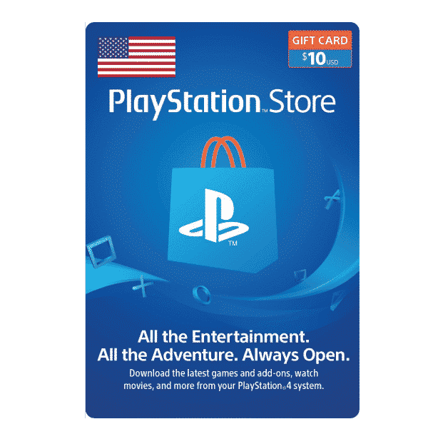 A PlayStation Store 10 USD Gift Card Digital Code- USA featuring an American flag, a blue background with PlayStation symbols, and text highlighting various entertainment options available on the PlayStation Store. | TECHHAUZ.COM