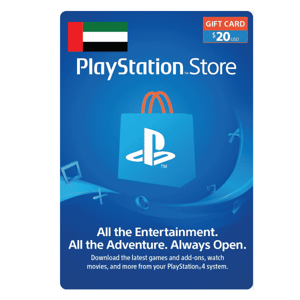 A PlayStation Store 20 USD gift card digital code displayed against a blue background with a $20 value, showcasing icons such as a game controller and headphones. The text emphasizes entertainment options available through the PlayStation Store. | TECHHAUZ.COM