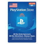 A $20 PlayStation Store 20 USD Gift Card Digital Code- USA featuring the PlayStation Store logo on a blue background, with text promoting entertainment options and a small U.S. flag in the top left corner. | TECHHAUZ.COM