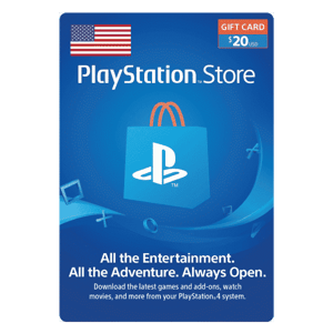 A $20 PlayStation Store 20 USD Gift Card Digital Code- USA featuring the PlayStation Store logo on a blue background, with text promoting entertainment options and a small U.S. flag in the top left corner. | TECHHAUZ.COM