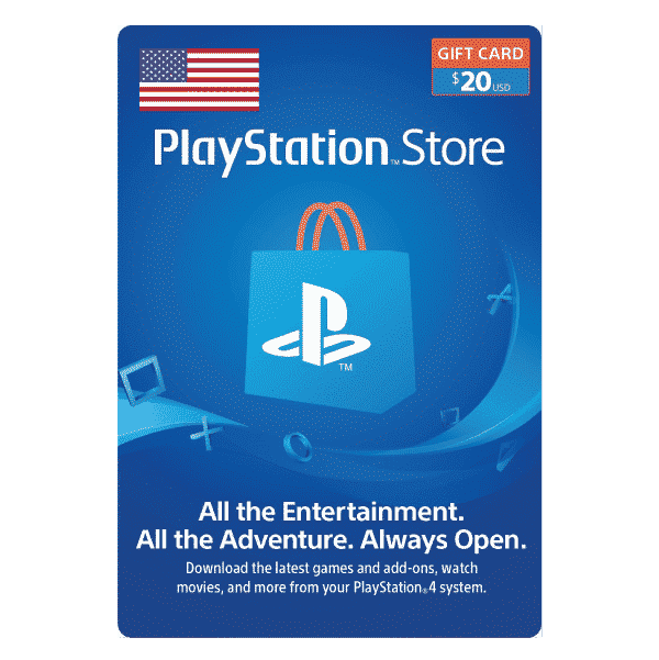 A $20 PlayStation Store 20 USD Gift Card Digital Code- USA featuring the PlayStation Store logo on a blue background, with text promoting entertainment options and a small U.S. flag in the top left corner. | TECHHAUZ.COM
