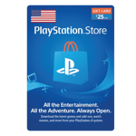 A $25 PlayStation Store 25 USD Gift Card Digital Code- USA featuring the PlayStation logo on a blue background with various entertainment symbols and an American flag in the top left corner. | TECHHAUZ.COM