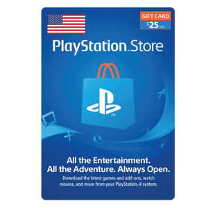 A $25 PlayStation Store 25 USD Gift Card Digital Code- USA featuring the PlayStation logo on a blue background with various entertainment symbols and an American flag in the top left corner. | TECHHAUZ.COM