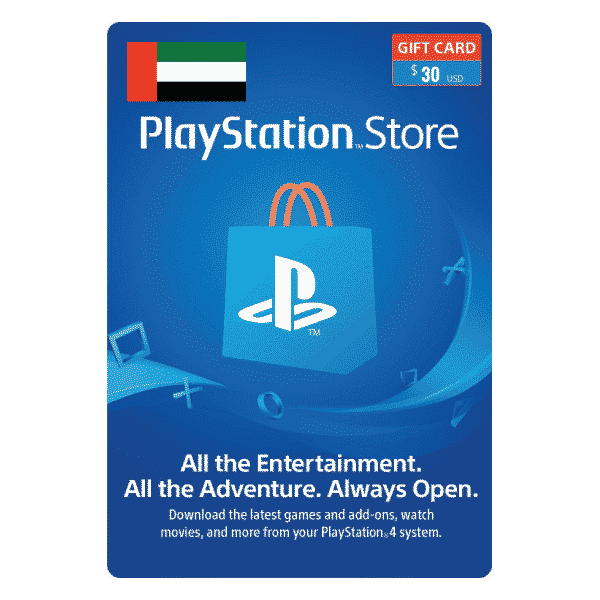 A PlayStation Store 30 USD gift card featuring a blue backdrop with a PlayStation logo on a shopping bag. The card reads "$30 USD" and promotes games and add-ons for the PlayStation 4 system. | TECHHAUZ.COM