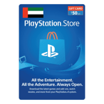 A PlayStation Store 50 USD gift card digital code displayed against a blue background with a $50 value, showcasing icons such as a game controller and headphones. The text emphasizes entertainment options available through the PlayStation Store. | TECHHAUZ.COM