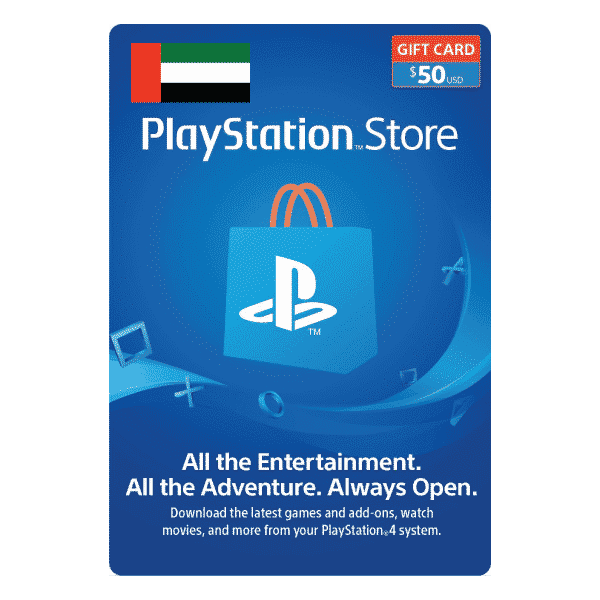 A PlayStation Store 50 USD gift card digital code displayed against a blue background with a $50 value, showcasing icons such as a game controller and headphones. The text emphasizes entertainment options available through the PlayStation Store. | TECHHAUZ.COM