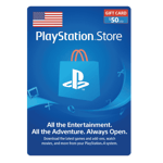 A $50 PlayStation Store 50 USD Gift Card Digital Code- USA featuring the PlayStation Store logo, an American flag, and text promoting entertainment options such as games, movies, and more. The card's background is blue with flying game icons. | TECHHAUZ.COM