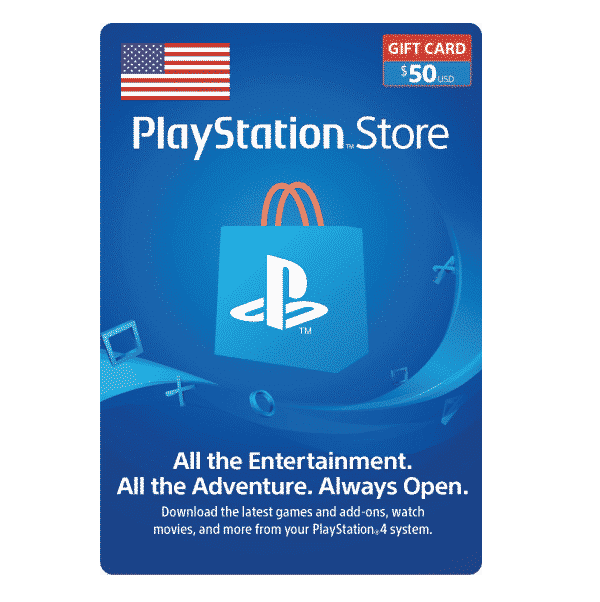 A $50 PlayStation Store 50 USD Gift Card Digital Code- USA featuring the PlayStation Store logo, an American flag, and text promoting entertainment options such as games, movies, and more. The card's background is blue with flying game icons. | TECHHAUZ.COM