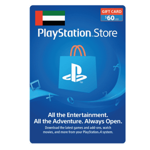 A $60 PlayStation Store 60 USD Gift Card Digital Code- USA showcasing the PlayStation logo on a blue backdrop adorned with icons of game controllers and game elements. Text reads "All the Entertainment. All the Adventure. Always Open. | TECHHAUZ.COM