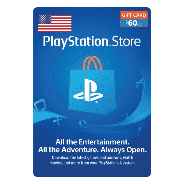 A $60 USD PlayStation Store 60 USD Gift Card Digital Code- USA featuring an American flag, PlayStation logo, and symbols of a music note, film reel, and game controller, with text promoting entertainment options available on PlayStation 4. | TECHHAUZ.COM