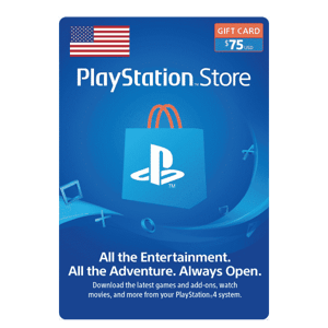 A $75 PlayStation Store 75 USD Gift Card Digital Code-USA featuring a blue background with a white shopping bag logo and the PlayStation Store logo, accompanied by text promoting games and add-ons for the PlayStation 4 system. | TECHHAUZ.COM