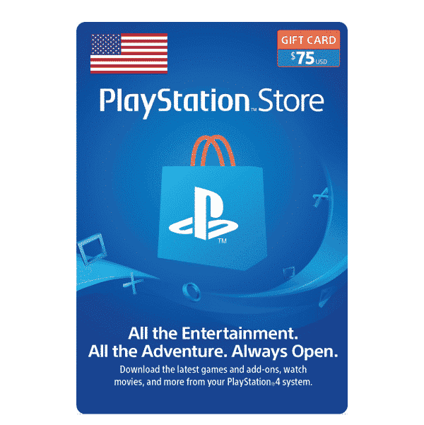 A $75 PlayStation Store 75 USD Gift Card Digital Code-USA featuring a blue background with a white shopping bag logo and the PlayStation Store logo, accompanied by text promoting games and add-ons for the PlayStation 4 system. | TECHHAUZ.COM