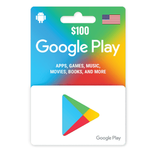 A $100 Google Play Gift Digital Code 100 USD-USA featuring the Google Play logo with a colorful background that lists apps, games, music, movies, and more. Includes a USA flag symbol at the top. | TECHHAUZ.COM