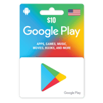 A $10 Google Play Gift Digital Code 10 USD- USA featuring a colorful design and logos, with text promoting apps, games, movies, music, and more. The card displays the American flag and a hanging tab at the top. | TECHHAUZ.COM
