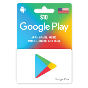 A $10 Google Play Gift Digital Code 10 USD- USA featuring a colorful design and logos, with text promoting apps, games, movies, music, and more. The card displays the American flag and a hanging tab at the top. | TECHHAUZ.COM