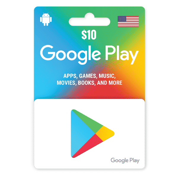 A $10 Google Play Gift Digital Code 10 USD- USA featuring a colorful design and logos, with text promoting apps, games, movies, music, and more. The card displays the American flag and a hanging tab at the top. | TECHHAUZ.COM