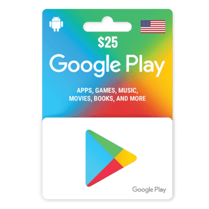 A $25 Google Play Gift Digital Code 25 USD- USA features a multi-colored background adorned with icons including apps, games, music, movies, and more. The card showcases the Google Play logo and an American flag icon. | TECHHAUZ.COM