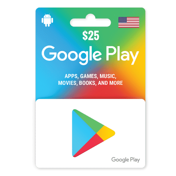 A $25 Google Play Gift Digital Code 25 USD- USA features a multi-colored background adorned with icons including apps, games, music, movies, and more. The card showcases the Google Play logo and an American flag icon. | TECHHAUZ.COM