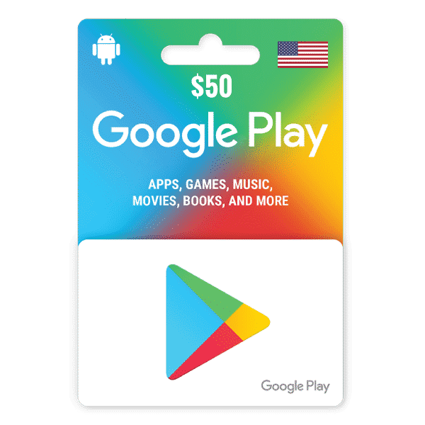 A $50 Google Play Gift Digital Code featuring a colorful design, used for purchasing apps, games, music, movies, and more. The card displays the Google Play logo. | TECHHAUZ.COM